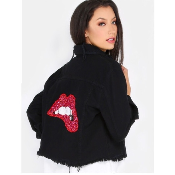 Jackets & Blazers - 💐NWT Black Distressed Denim Jacket/Sequined Lips